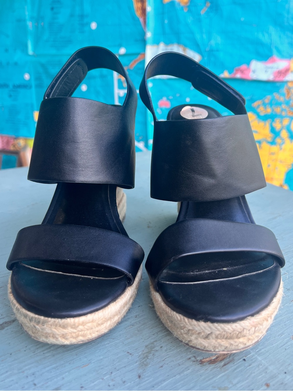 Charles By Charles David Black Leather Espadrille Wedge Sandals
